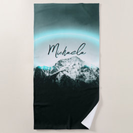 Toalla De Playa Monograma misterioso de neón azul de montaña nevad