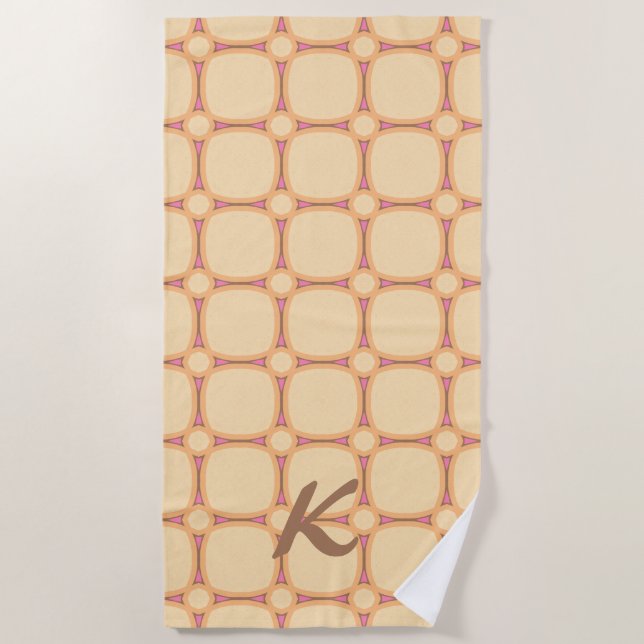 Toalla De Playa Monograma Mocha rosa de crema geométrica retro 70 (Anverso)