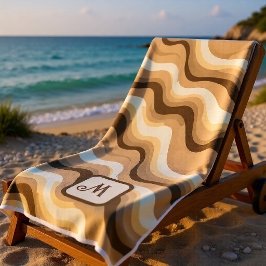 Toalla De Playa Monograma Moderna Ola Retro Beige Marrón Neutro 