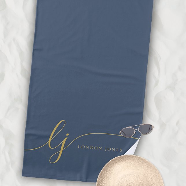 Toalla De Playa Monograma moderno elegante de la marina de oro Ini (Subido por el creador)