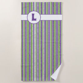 Toalla De Playa Monograma morado, verde y franjas blancas