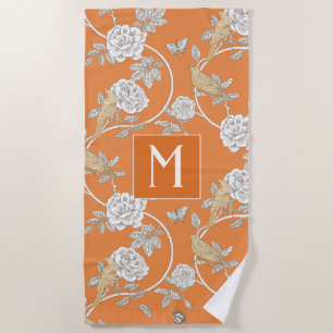 Toalla De Playa Monograma naranja Chinoiserie Flores y Aves