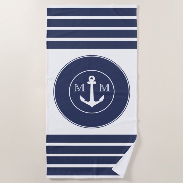 Toalla De Playa Monograma Nautical Moderna Navy Bandas Blancas Azu (Anverso)