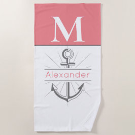 Toalla De Playa Monograma náutico de ángulo blanco gris de coral c