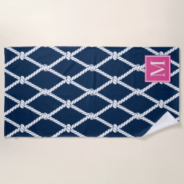 Toalla De Playa Monograma Náutico Preppy Costero - Azul Marino y R