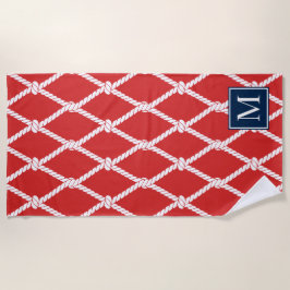 Toalla De Playa Monograma Náutico Preppy Costero – Rojo y Azul Mar