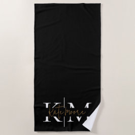 Toalla De Playa Monograma negro elegante con letra dorada con esti