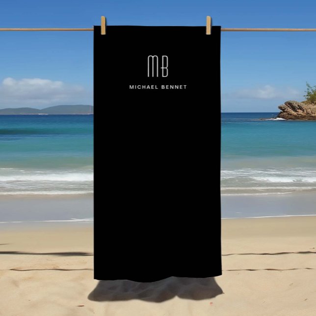 Toalla De Playa Monograma negro moderno (Modern Black Monogram Beach Towel)