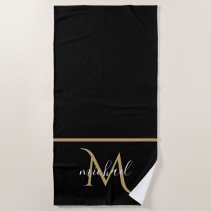 Toalla De Playa Monograma negro y dorado Elegante lujo