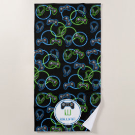 Toalla De Playa Monograma Neon Blue & Green Pattern