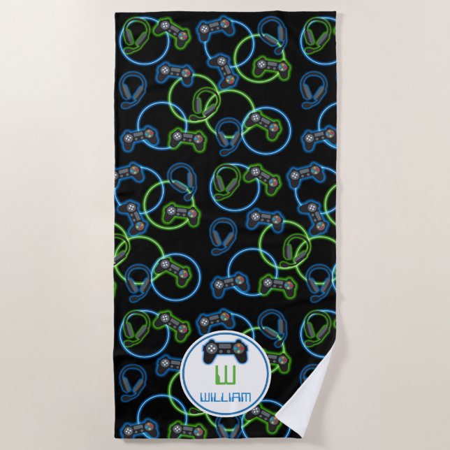 Toalla De Playa Monograma Neon Blue & Green Pattern (Anverso)