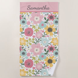 Toalla De Playa Monograma Nombre Floral Rosa Amarillo Azul 