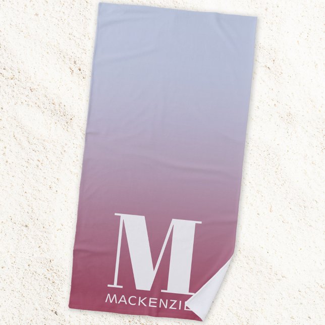 Toalla De Playa Monograma Nombre inicial Gradiente Azul rosa (Modern monogram initial personalized pink blue gradient  beach towel)