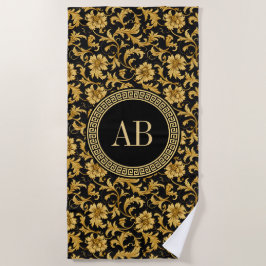 Toalla De Playa Monograma Oro Negro Clásico Patrón Elegante