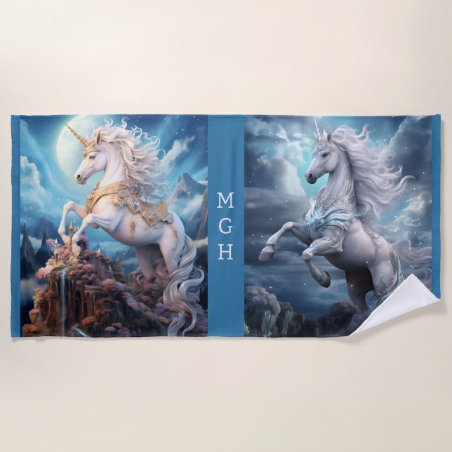 Toalla De Playa Monograma personalizado Bonitos Unicornios (Anverso)