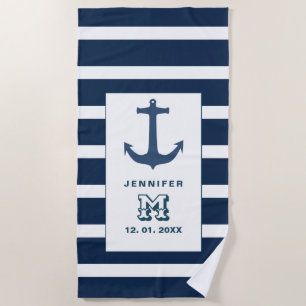 Toalla De Playa Monograma personalizado de ancla blanca azul náuti