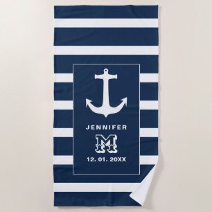 Toalla De Playa Monograma personalizado de ancla blanca azul náuti