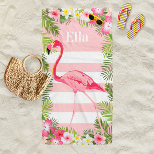Toalla De Playa Monograma Personalizado floral rosa trópico Flamin