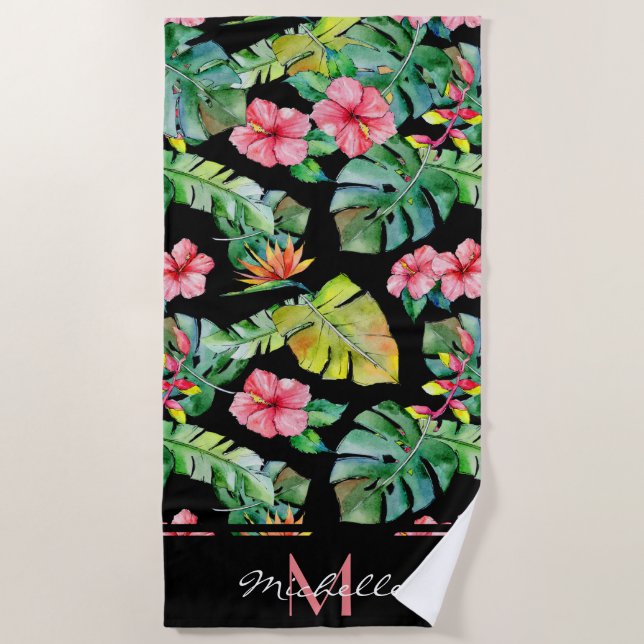 Toalla De Playa Monograma Pink Tropical Floral Hibiscus Negro (Anverso)