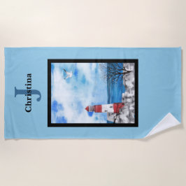 Toalla De Playa Monograma Red & Blue Lighthouse Watercolor Art