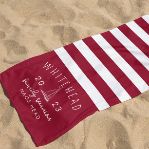 Toalla De Playa Monograma rojo de la franja náutica