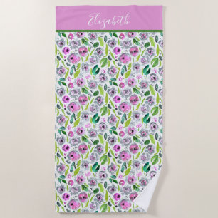 Toalla De Playa Monograma Rosa Gris Verde Boho Floral Acuarela 