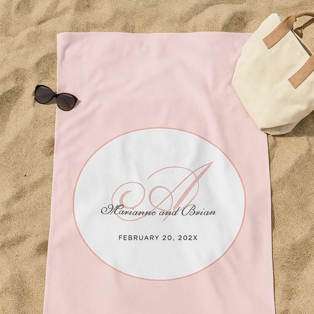 Toalla De Playa Monograma Rosa y Blanco (Wedding anniversary or honeymoon memory gift)