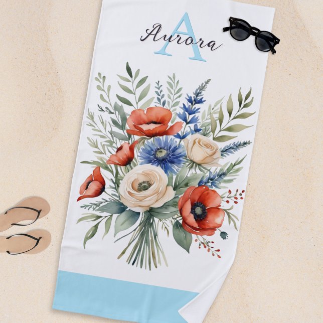 Toalla De Playa Monograma Rústico Flor Silvestre Bonito verano (A pretty beach towel with elegant monogram and rustic floral bouquet in a watercolor style)