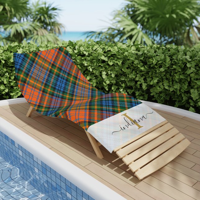 Toalla De Playa Monograma rústico Murray Tartán Personalizado (Rustic Plaid Monogram Murray Blue Orange Tartan Beach Towel)