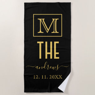 Toalla De Playa Monograma y nombre personalizados en negro y oro
