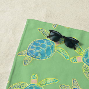 Toalla De Playa Monogramada Tortuga marina azul amarillo verde