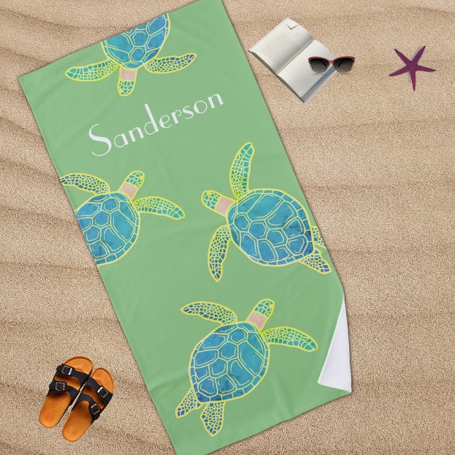 Toalla De Playa Monogramada Tortuga marina azul amarillo verde (Subido por el creador)