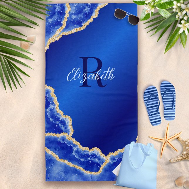 Toalla De Playa Monogramado de Mármol Elegante Real Azul y Oro (Subido por el creador)