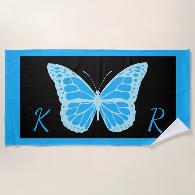 Toalla De Playa Monogramado elegante mariposa azul negro (Anverso)
