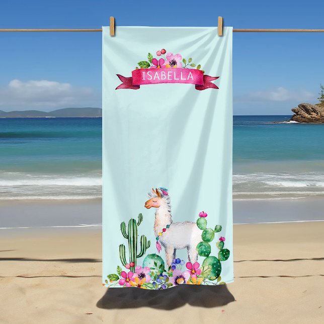 Toalla De Playa Monogramado floral de Llama y Cactus (Subido por el creador)