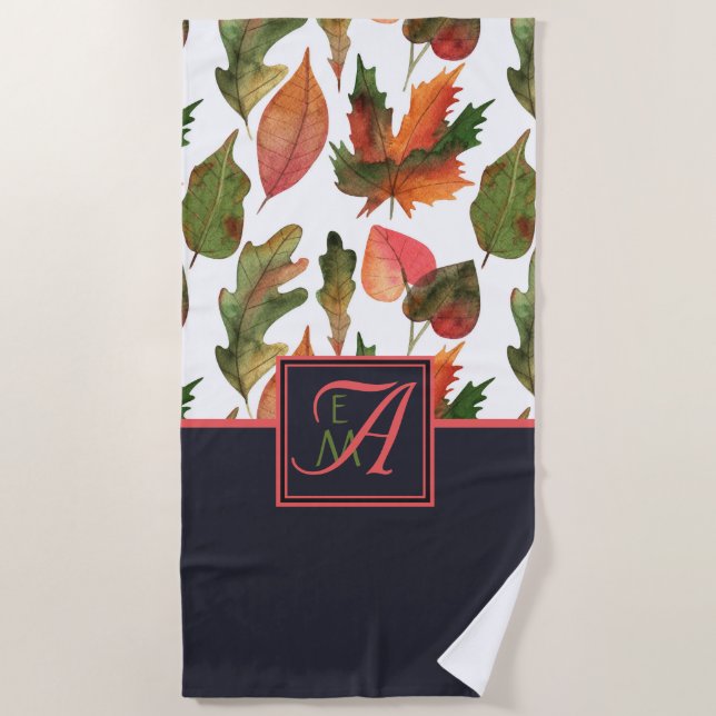 Toalla De Playa Monogramado otoño deja decoración de caída Naranja (Anverso)