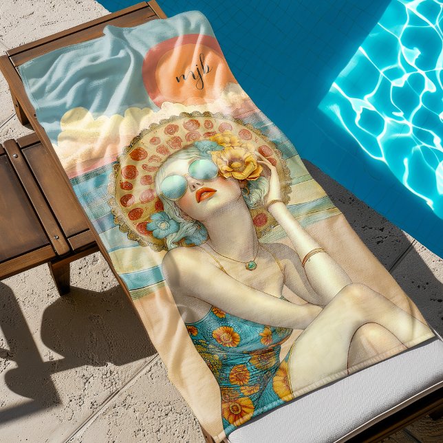Toalla De Playa Monogrammed Beach Vibes Summer Glamour Chica (Personalize with your monogram initials.)