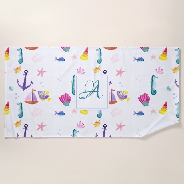 Toalla De Playa Monogrammed Beachhut Kids Bathroom Ocean Life Sea (Anverso)