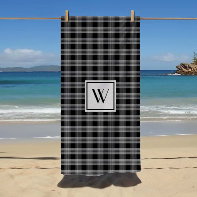 Toalla De Playa Monogrammed Black & Gray Checkered Plaid Pattern (Monogrammed Black Checked Beach Towel)