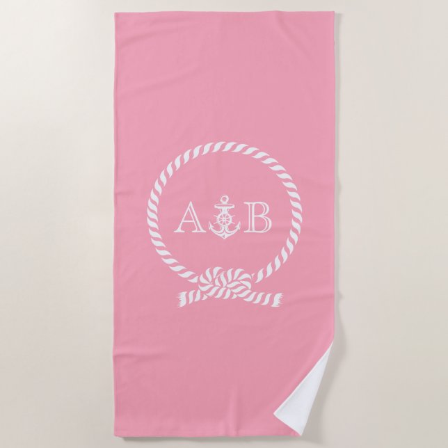 Toalla De Playa Monogramo de arbol rosa y ancla (Anverso)