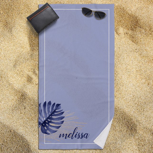 Toalla De Playa Monstera Gold Palm Leaf Dusty Azul Tropical (Dusty Blue Tropical Beach Towel -- Great Gift Idea!)