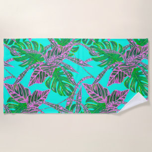 Toalla De Playa Monstera Palm leaf coleus tropical turquesa rosa