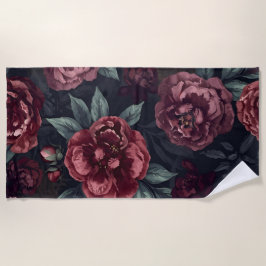 Toalla De Playa Moody Florals Watercolor Dark Red Pattern