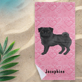 Toalla De Playa Mopas De Perro De Pug Negro Y Corazones Rosa Con N