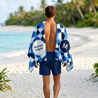 Toalla De Playa Mosaico Geométrico Azul Bauhaus Monograma Nombre P