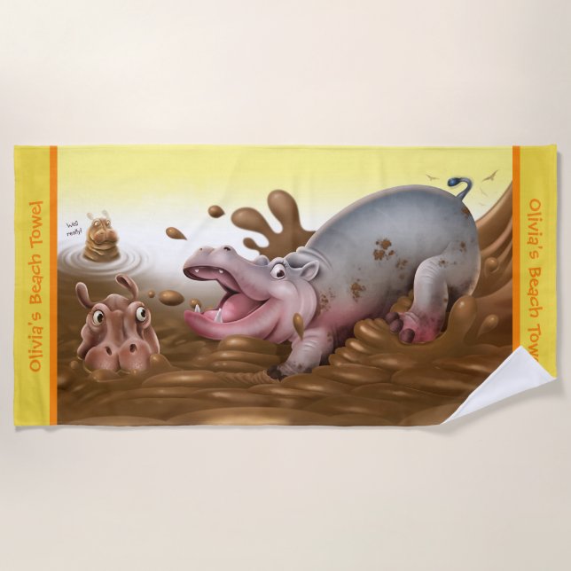 Toalla de playa Muddy Hippos. Borde amarillo (Anverso)