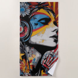 Toalla De Playa Mujer con Auriculares Retrato de Arte Callejero