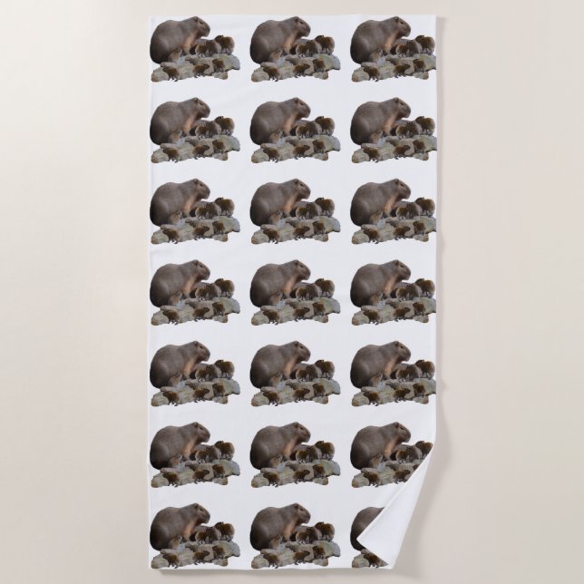 Toalla De Playa Mummy Y Baby Capybaras, (Anverso)