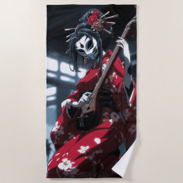 Toalla De Playa Músico Geisha Enmascarado Arte Japonés Oscuro
