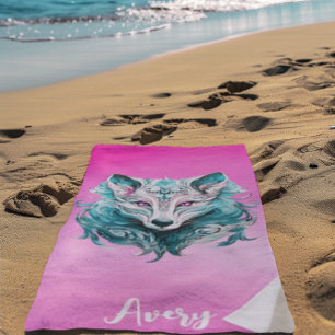 Toalla De Playa Mystical Wolf   Elegante Turquesa y Lobo Rosa